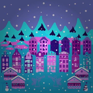 Mutlu yıllar. Mavi, mor ve pembe renkli şirin binalar. House 'la birlikte mutlu noel kartları. İllüstrasyon çizimi.