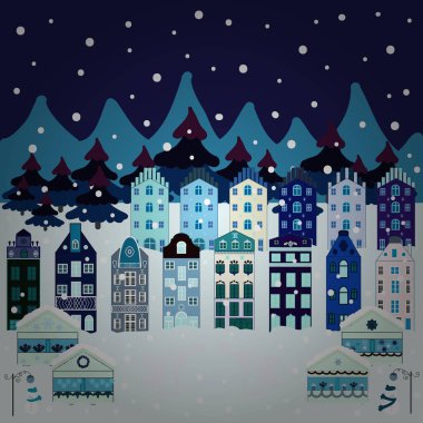 Çocuklar için mükemmel kumaş, tekstil, çocuk odası duvar kâğıdı. Evler, ağaçlar ve dağlarla renkli desenler. Mavi, nötr ve beyaz renkler üzerine şirin doğa manzarası.