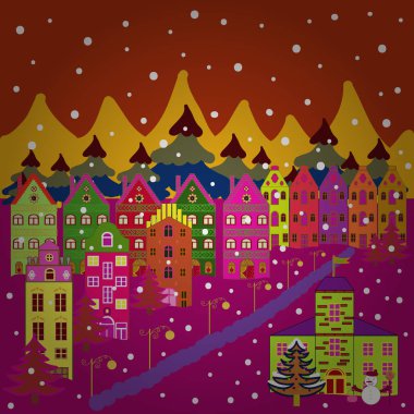 Çeşitli çizgi film evlerinin çizim kalıpları. Turuncu, morumsu ve sarı renkli Noel çizimleri. İllüstrasyon çizimi.