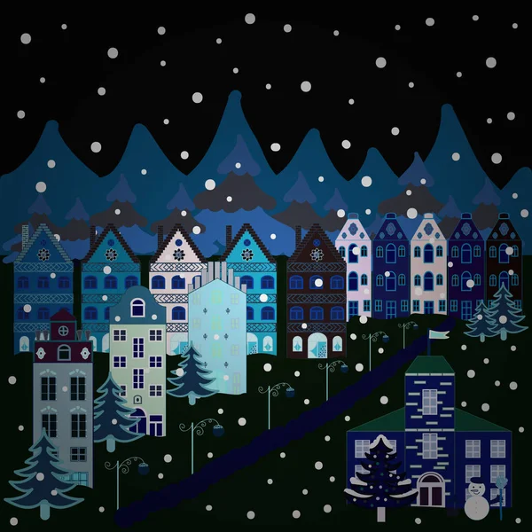 Colorful pattern with house, trees, snowman, mountains and hills. Nice nature landscape concept. Illustration. Perfect for kids fabric, nursery wallpaper. Illustration on black, blue, gray colors.