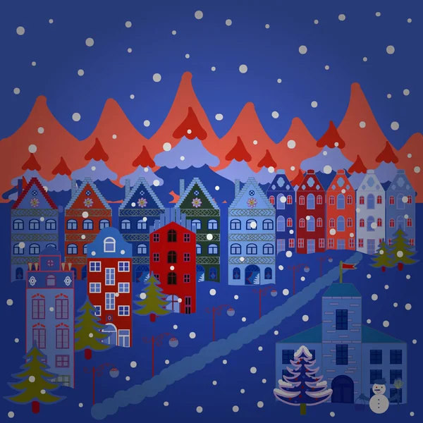 Illustration illustration. Colourful houses on fancy landscape. Illustration on blue, pink, red and neutral colors.