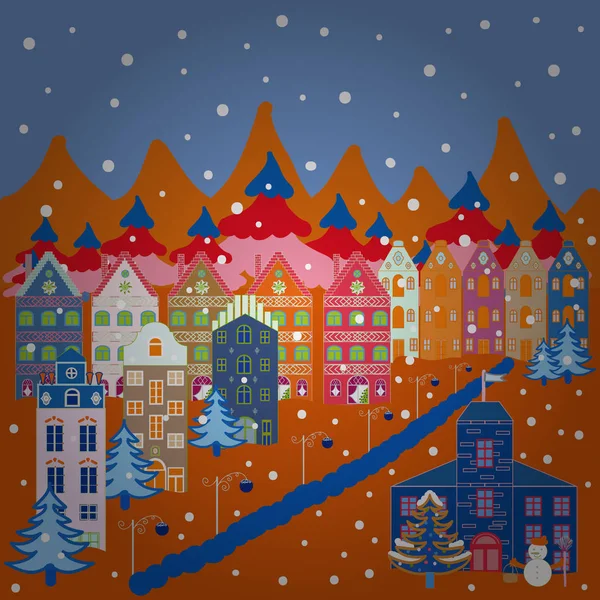 Illustrationsmuster Mit Verschiedenen Cartoonhäusern Weihnachtliche Illustration Auf Blauen Orangen Neutralen — Stockfoto