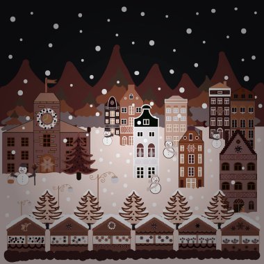 House ile neşeli Noel kartı. Yeni Yılınız Kutlu Olsun. Şirin binalar gri, kahverengi ve bej renkler. Resimde illüstrasyon.