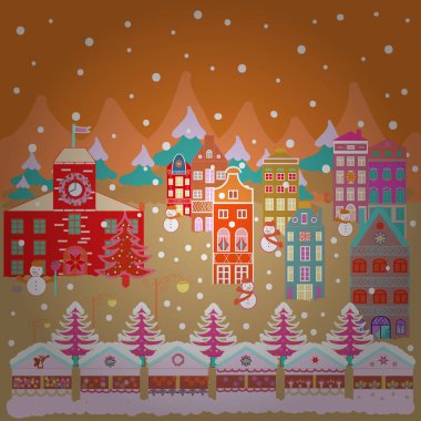 Resimde desen çeşitli karikatür evleriyle. Christmas illüstrasyon turuncu, bej ve nötr renkler. Resimde illüstrasyon.