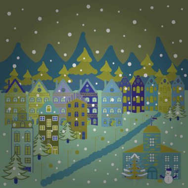 Bir ülke'nın evinde düz bir stil. Elementson kahverengi, tarafsız, mavi ve yeşil renkler arka plan. Resimde illüstrasyon.