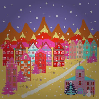 Mor, sarı, pembe ve turuncu renkleri alışılmadık christmas illüstrasyon kartpostal. Resimde illüstrasyon. Peri ev şaşırtıcı büyülü ormanda Noel'de dekore edilmiş olan.