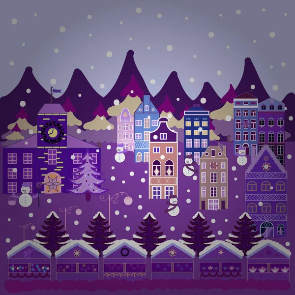 Doodle Casas Ilustración Fondo Bonitos Edificios Colores Violeta Neutro Púrpura — Vector de stock