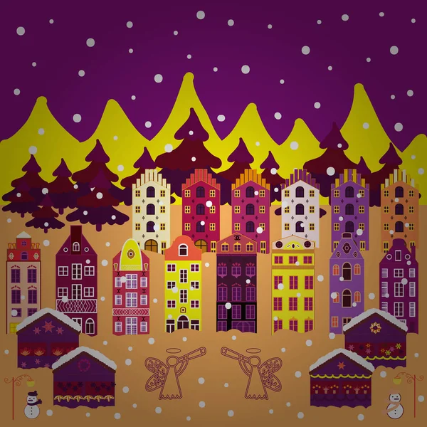 Иллюстрация Домов Каракулей Хорошие Здания Фиолетового Желтого Красного Цветов Иллюстрационная — стоковый вектор