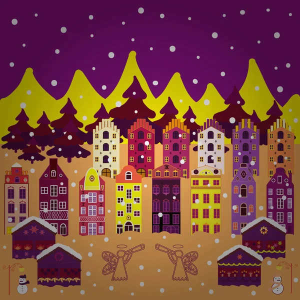 Doodle Casas Ilustración Fondo Bonitos Edificios Colores Púrpura Amarillo Rojo — Vector de stock