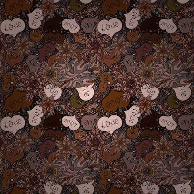 Yaratıcılığın için çizim kalıbı. Kusursuz bir şenlik dokusu, karalama kalpler ve yazıtlar. Arkaplanda kahverengi, nötr ve siyah renkler.