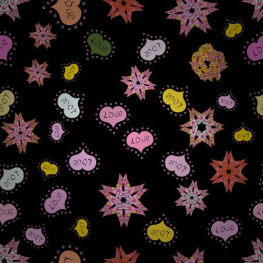 Aşkımız büyülüdür. Resimde illüstrasyon. Kesintisiz aşk desen yürekleri. Çizgi film kalpler şirin arka plan üzerinde siyah, tarafsız ve pembe renkler. Aşk kartı.