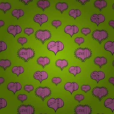 Dikişsiz aşk kumaş desen arka plan için. Yeşil, pembe, siyah, mor ve kahverengi illüstrasyon illüstrasyon.
