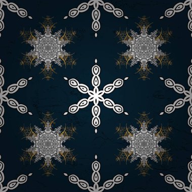 Noel ve yeni yıl moda baskıları için tatil tasarımı. İllüstrasyon çizimi. Kar tanelerinin soyut arkaplanlı Noel şablonu. Mavi, beyaz ve siyah kar taneleri.