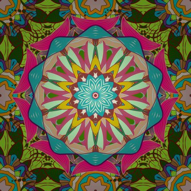 Bohem dekoratif unsur, Hint kına tasarımı, yeşil, mavi, bej üzerine retro süs. Mandala renkli, madalyonu olan eski bir kabile. Tibet yogası için soyut sanat çiçekli desen.