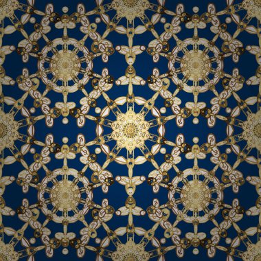 Mavi, kahverengi ve bej renkli desen. İllüstrasyon altın mehndi kusursuz desen. Kına dövmeli süs çiçekleri, altın çıkartmalar, mehndi ve yoga tasarımı, kartlar ve parmak izleri..