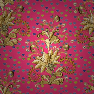 Damask altın soyut çiçek deseni pembe, kahverengi ve sarı renklerde. Süslü dekorasyon. İllüstrasyon çizimi.