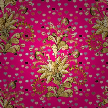 Altın çiçekli, pürüzsüz desen. Barok tarzında altın çiçekli süs. Mor, kahverengi ve bej renkte altın bir element. Damask arkaplanı.