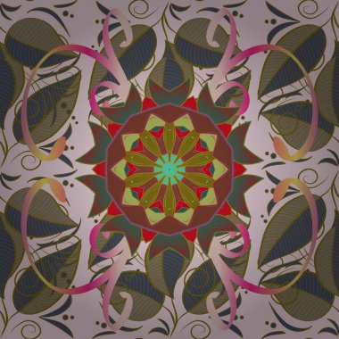 Tarafsız, kahverengi ve mavi arka planda çiçekli ve egzotik yapraklı kusursuz desen. İllüzyon. Botanik fayansları. Çiçek. Duvar kağıdı veya kumaş için nötr, kahverengi ve mavi çiçek deseni.