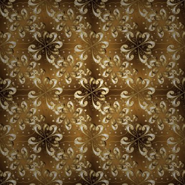 Dekorasyon dekorasyonu. Barok tarzında duvar kağıdı tasarımı için kusursuz damaske deseni arkaplanı. Kahverengi ve bej renklerde altın desenli altın elementler.