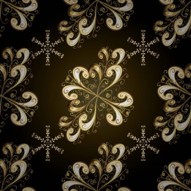 Şam, tasarım için kusursuz desen. Altın elementlerle siyah ve kahverengi renklerde kusursuz desen.