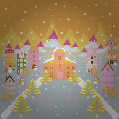 Renkli, sevimli açık hava manzarası. İllüstrasyon köyü kırsal kesim geçmişi. Serbest çizim çizgi film tarzı. Tepelerin arasında. Kırsal kesimde sarı, nötr ve beyaz renkler.