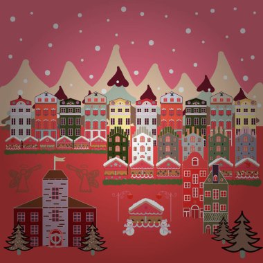 Tekstil, duvar kâğıdı ve kumaş için renk katmanı. İllüzyon. İskandinav tarzı doğa çizimi. Pembe, turuncu ve bej arka planda şirin evler ve ağaçlar.