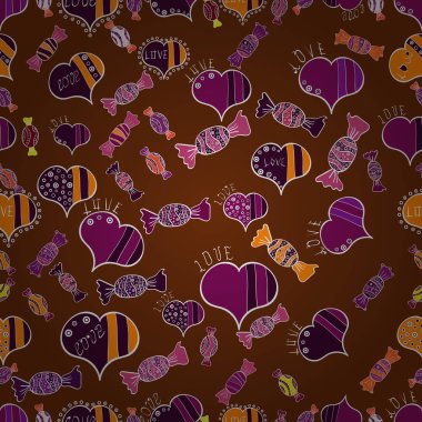 Şekerleme çizimi. Suluboya şekerlemelerle kusursuz desen. Kahverengi, mor ve beyaz renklerde.