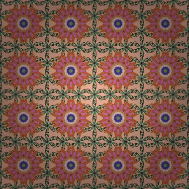 Geleneksel klasik illüstrasyon şirin seamless modeli. Bej rengi, turuncu ve yeşil renkler sevimli elemanları ile. Barok tarzında sorunsuz şark süsleme.