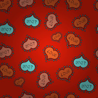 Seamless aşk modeli ile elle çizilmiş doodle kalpler. Sevgililer günü tasarım. Kırmızı, turuncu ve siyah renkleri öğelerinde.