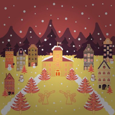 Kumaş Tekstil için mükemmel, çocuklar. Elle çizilmiş illüstrasyon soyut İskandinav grafik illüstrasyon evi, ağaçlar ve dağlar pembe, sarı ve kahverengi renkleri üzerinde. Nordic doğa manzara kavramı.