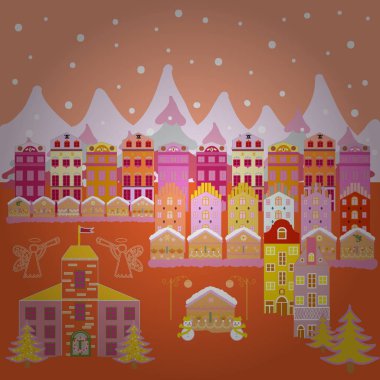 Resimde illüstrasyon. Desen evler. Resimde bej, portakal ve nötr renkler.