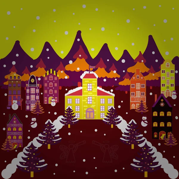 Fondo Creativo Navidad Ilustración Ilustración Paisaje Con Casas Invierno Madera — Vector de stock