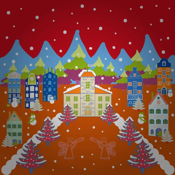 오렌지 레드와 색상에 크리스마스 그림입니다 받으세요 하우스와 크리스마스 — 스톡 벡터