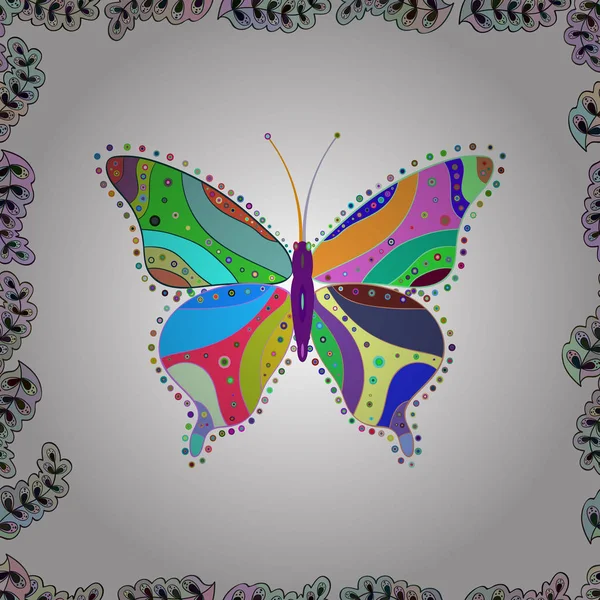纺织品 印刷品和请柬的插图 插图插图 夜可爱蝴蝶在白色 中性和绿色抽象背景 — 图库矢量图片