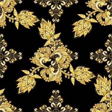 Siyah, sarı ve kahverengi renkleri altın öğesinde. Antika altın yinelenebilir duvar kağıdı. Altın çiçek süsleme barok tarzı. Damasko süs desen yinelenen arka plan.