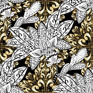 Vektör altın çiçek süsleme brokar Tekstil desen, beyaz doodles. Seamless altın modeli. Renkleri altın elemanları ile. Çiçek desenli ile metal.