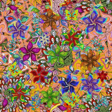 Sevimli çiçek ve yaprakları turuncu, yeşil ve siyah renkler, suluboya çiçek desenli duvar kağıdı, kart veya kumaş için tileable ile Seamless modeli. Vektör çizim.