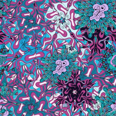 Moda için zarif dekoratif süsleme baskı, karalama defteri, ambalaj kağıdı, duvar kağıdı. Mavi, macenta ve nötr renkler vektör çizim resimleri.