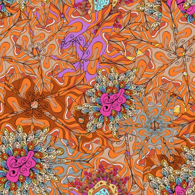 Karalamalar desen. Portakal, bej ve siyah renkler. Vektör. İhale kumaş deseni. Kesintisiz ilginç arka plan.