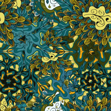 Dikişsiz desen baskı. Doodles'ın mavi, siyah, yeşil ve sarı renkler. Moda kumaş deseni. Tasarım ve hediye paketleme kağıt, tebrik kartları, afiş ve posterler tasarım. Vektör.