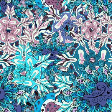 Kartları, davetiyeler, tarihi kartları ve daha birçok kaydetmek için kullanılabilir. Tarafsız, mavi, siyah ve mor renkler. Sorunsuz dekoratif arka plan. Vektör çizim. Doodles'ın.