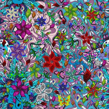 Vektör çizim. Vektör desen. Sevimli çiçek desenli küçük çiçek. Nazik, yaz mavi, siyah ve mor renkler üzerinde çiçek.