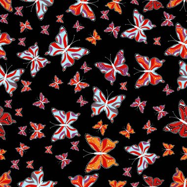Dekoratif vektör çizim. Arka plan üzerinde siyah, kırmızı ve nötr renkler. El ile kelebekler çekilmiş. Renkli romantik kelebekler Dikişsiz desen arka plan.