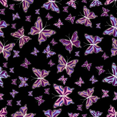 Şirin eğilim kelebekler. Vektör geleneksel halk güzel dekor tasarım giyim için siyah, mor ve tarafsız arka plan üzerinde.