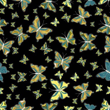 Vektör çizim. Sonsuz. Tekrar yazdır. Siyah, sarı ve mavi soyut suluboya kelebekler içinde ihale deniz mavisi ile sorunsuz arka plan deseni.