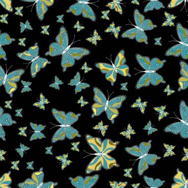 Basit tarzda. Vektör çizim. Tropikal kelebek seamless modeli siyah, mavi ve beyaz renklerde. Kelebekler görüntüsünü. Doodle, kroki, karalama.