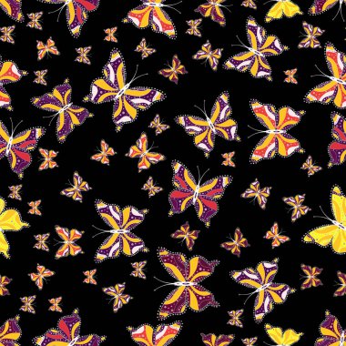 Karalamak, kroki, doodle. Seamless modeli. Ekose kelebek tekstil baskı için. Resimde siyah, sarı ve mor renkler. Vektör çizim.