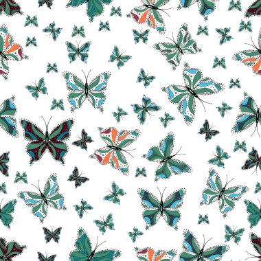 Vektör çizim. Beyaz, yeşil ve mavi renklerin hayal et. Kelebekler ile parlak seamless modeli. Moda kumaş tasarım.