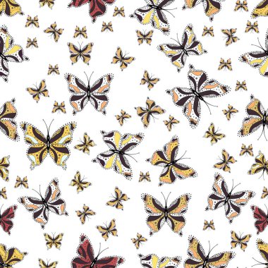 Beyaz, kahverengi ve sarı arka plan üzerinde renkli kelebek koleksiyonu. Kağıt, kumaş, ambalaj için uygundur. Sorunsuz. Vektör çizim. Kartı, yazdırma, davet için basit kadınsı desen.