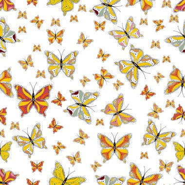 Kelebekler ile Seamless modeli. Vektör. Tekstil, kumaş, baskı ve davet için arka plan. Beyaz, sarı ve turuncu renklerde illüstrasyon.